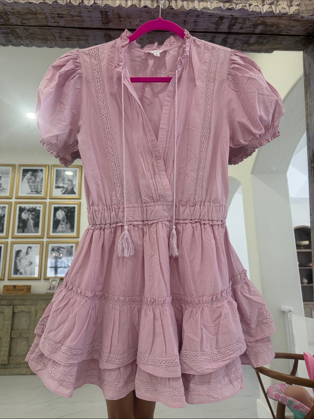 Light Pink 100% Cotton Lace-Trim Tiered Mini Dress with Puff Sleeves